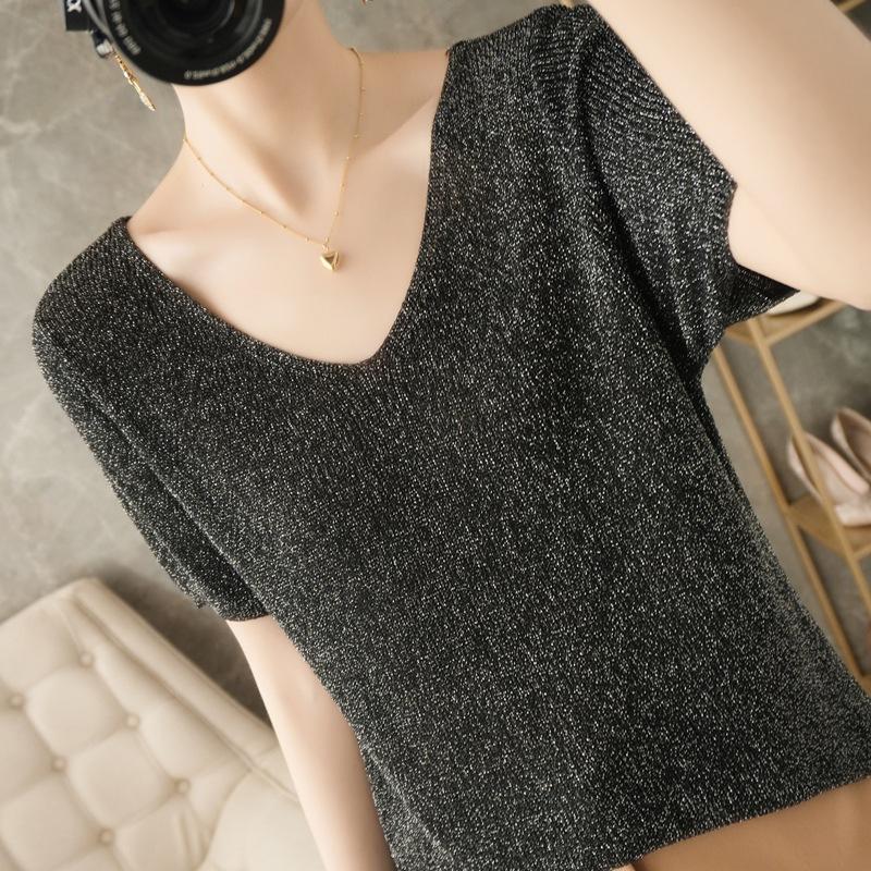 V-neck Sweater Thin Short-sleeved Women's Summer Loose Versatile T-shirt Close-fitting Comfortable Top