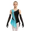 Kids Girls Latin Dance Figure Skating Leotard Sleeveless Mesh Patchwork Shiny Rhinestone Color Block with 1 Pair Gloves Competition Stage Performance