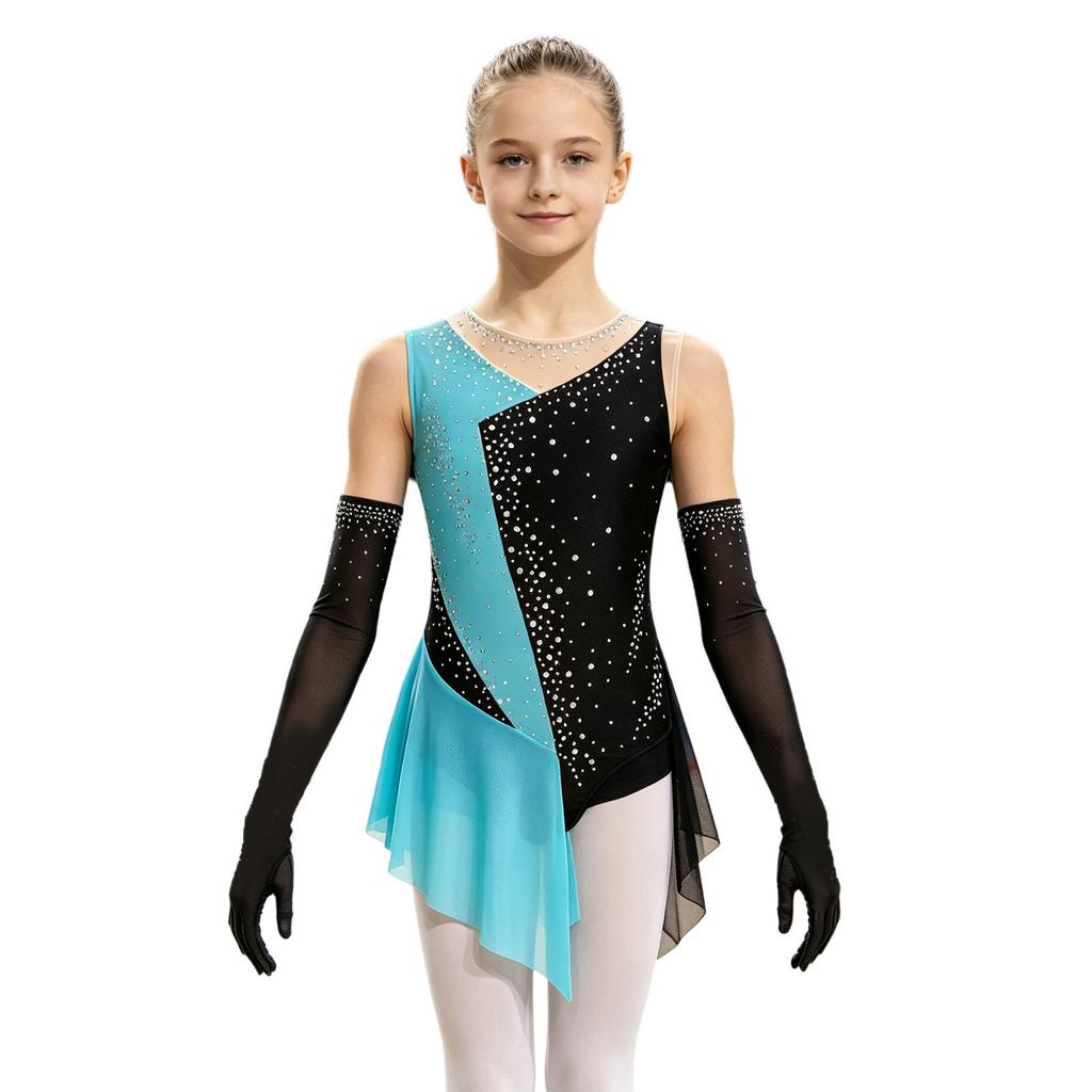 Kids Girls Latin Dance Figure Skating Leotard Sleeveless Mesh Patchwork Shiny Rhinestone Color Block with 1 Pair Gloves Competition Stage Performance