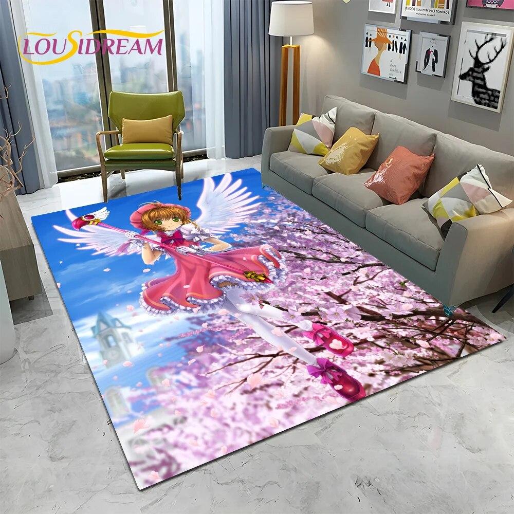 Carino Tappeto Tappetino 3D Captor Anime Cartone Animato Sakura per Casa Soggiorno Camera da Letto Divano Decorazione, Tappeto Area Bambini Antiscivolo Tappetino Pavimento
