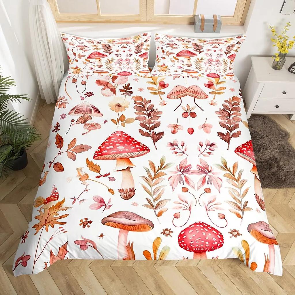 Comforter Cute Mushroom Bedding Set King Queen Size Botanical Comforter Wild Fungus Colorful Plants Leaves