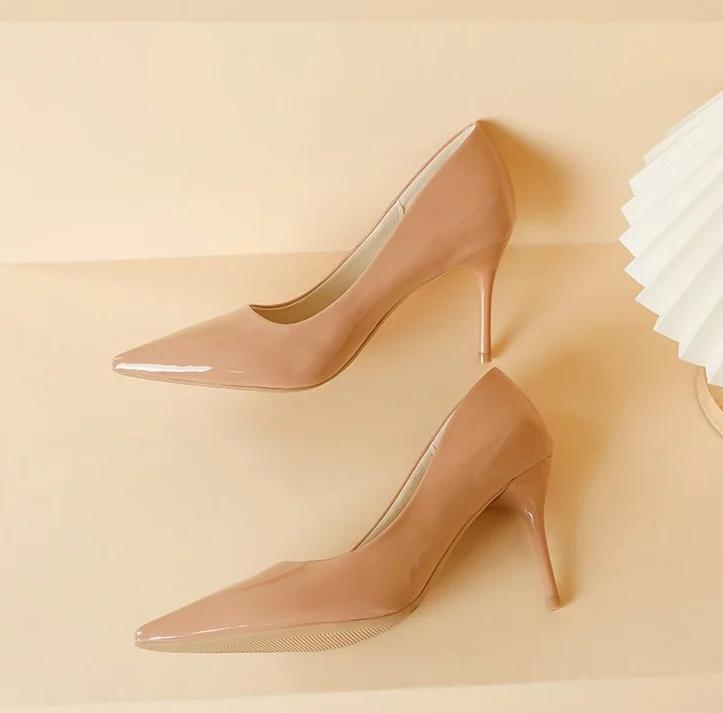 Fashion 2024Women Office Pumps Stilettos High Heels Shoes Large Size 42 Shiny Heels Patent Leather Pointy Toe Ladies Work Shoes 8cm NEW