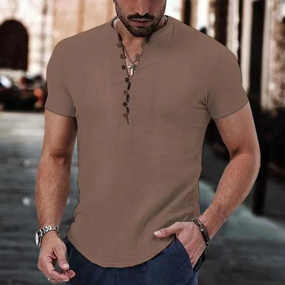 Nova Camiseta Masculina de Manga Curta com Botões Camisa de Algodão Linho Roupas Casuais Masculinas Tops Populares para Homens
