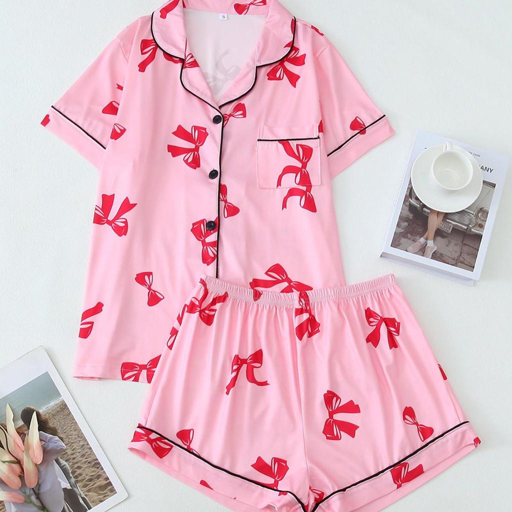Bow Short-Sleeve Pajama Shorts Set – Stylish Indoor/Outdoor Wear