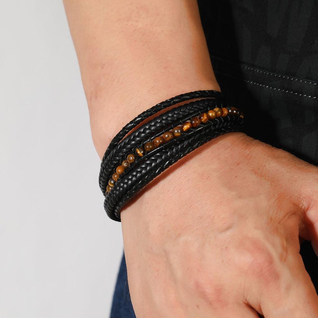 Beaded Natural Handmade Stone Magnetic Clasp Bracelet Vintage Punk Men Jewelry