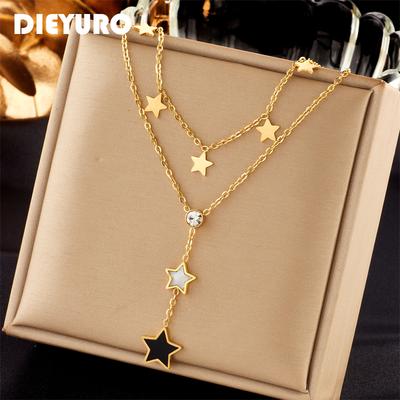 DIEYURO 316L Stainless Steel Black White Pentagram Star Long Pendant Necklace For Women New Girls Clavicle Chain Zircon Gifts