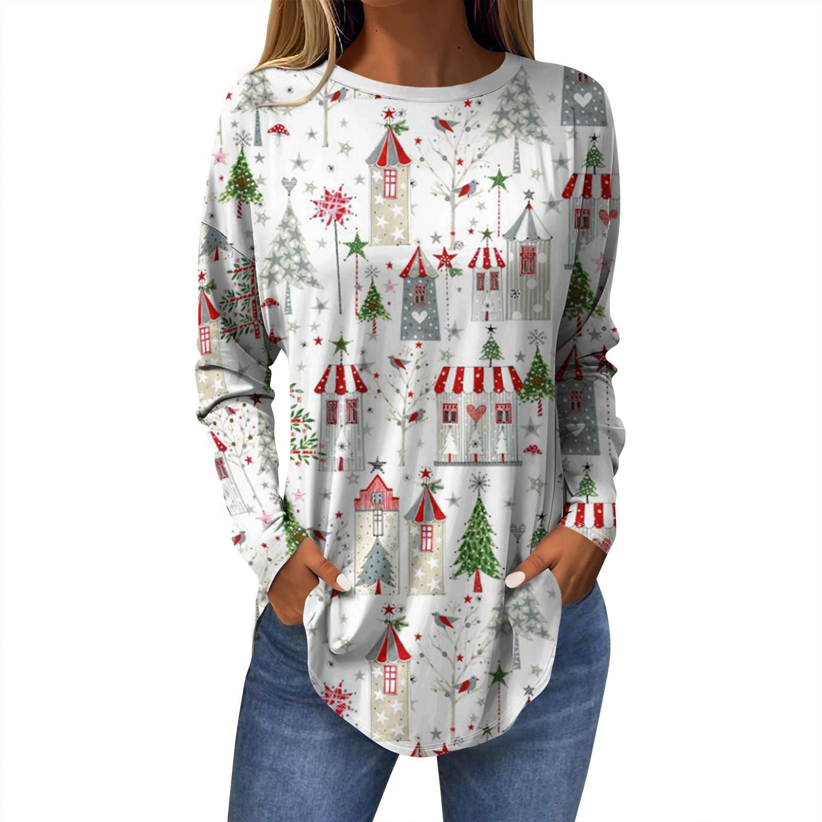 

Женская модная повседневная футболка с круглым вырезом и длинным рукавом с рождественским принтом XL зелёный