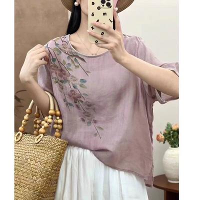 New Chinese Style Retro Cotton and Linen Top for Women In Summer Thin Loose Cotton and Linen Shirt Short Sleeves
