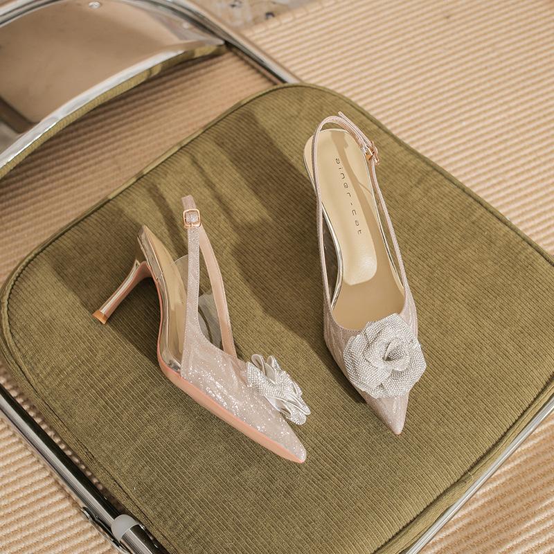 

7520-7 [овчина] туфли на высоком каблуке женские тонкие каблуки 2025 новые остроносые пустые сандалии хрустально-розовые свадебные туфли 34