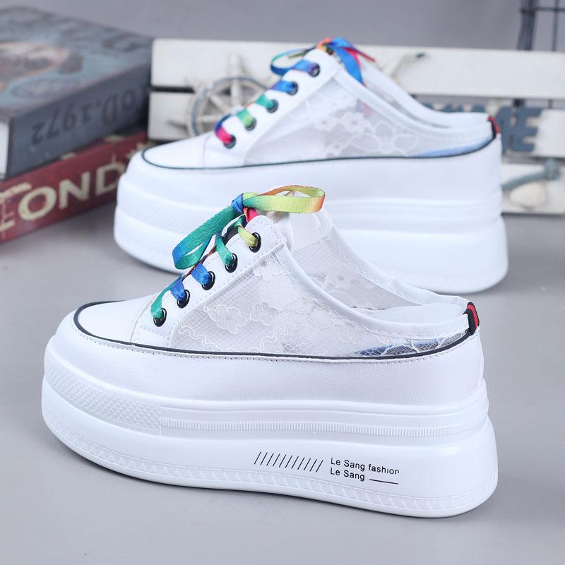 Fashion Summer Gauze Breathable Small White Shoes Wrapped Head Half Slipper Female Thick Sole Inside Increase 10CM Heelless Lazy Shoes