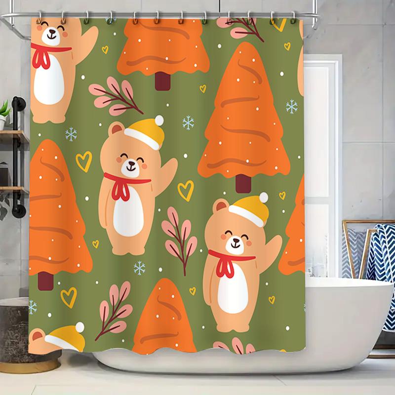 

Whimsical Christmas Tree Bears Shower Curtain Set For Bathroom Decor Green Orange Plaid Fabric With Cute Cartoon Print W60H190(CM)-1 Pcs