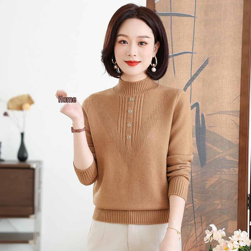 2024 Women's Autumn/Winter Semi-High Collar Long-Sleeve Knitted Top for Middle-Aged and Elderly.