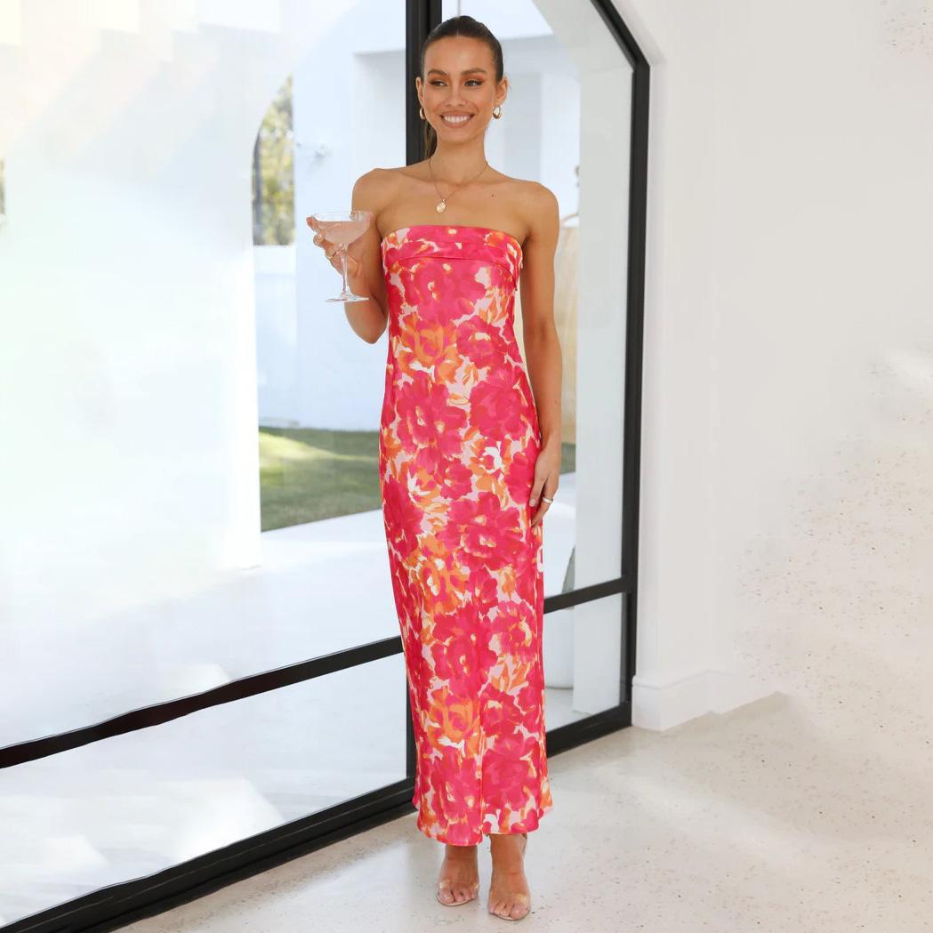 

Женское весеннее платье без рукавов с цветочным принтом, длинное, без бретелек, летнее повседневное платье А-силуэта с открытой спиной и высокой талией, S-XL S красный