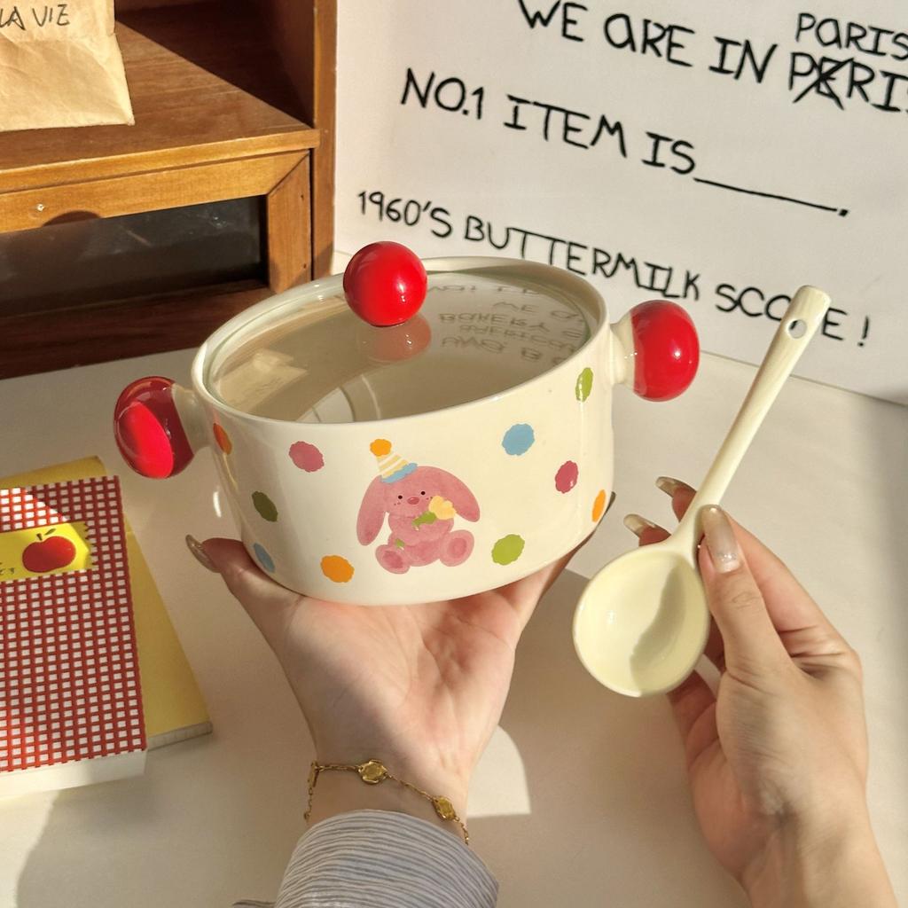 Cute instant noodle bowl with lid spoon Ceramic big bowl High value snail wordy powder bowl Student dormitory rice bowl