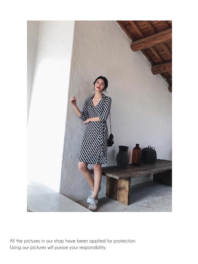 Women's Stand Collar High Waist Wrap Dress - Black & White, 3/4 Sleeve for Summer/Autumn