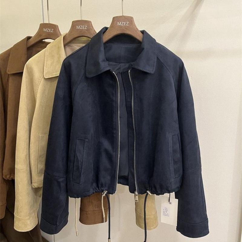 Women Cropped Suede Fabric Stand Collar Motorcycle Baseball Jacket Casual Loose Long Sleeve