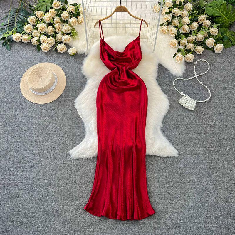 

Retro Acetate Swing Collar Fashion Waist-Controlled Dress Sling Red L