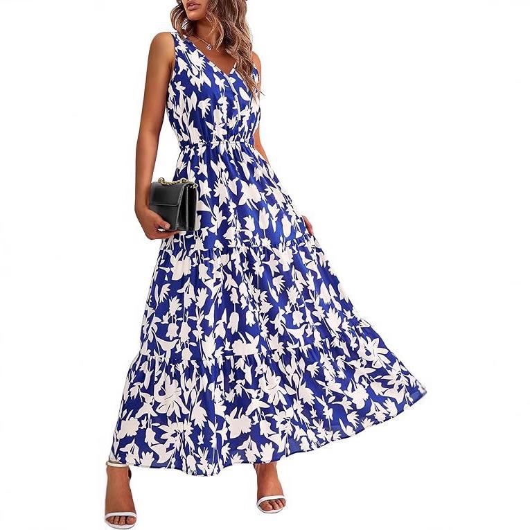 2026 V-Neck Sleeveless Print Dress with Elastic Waist - European & American Style
