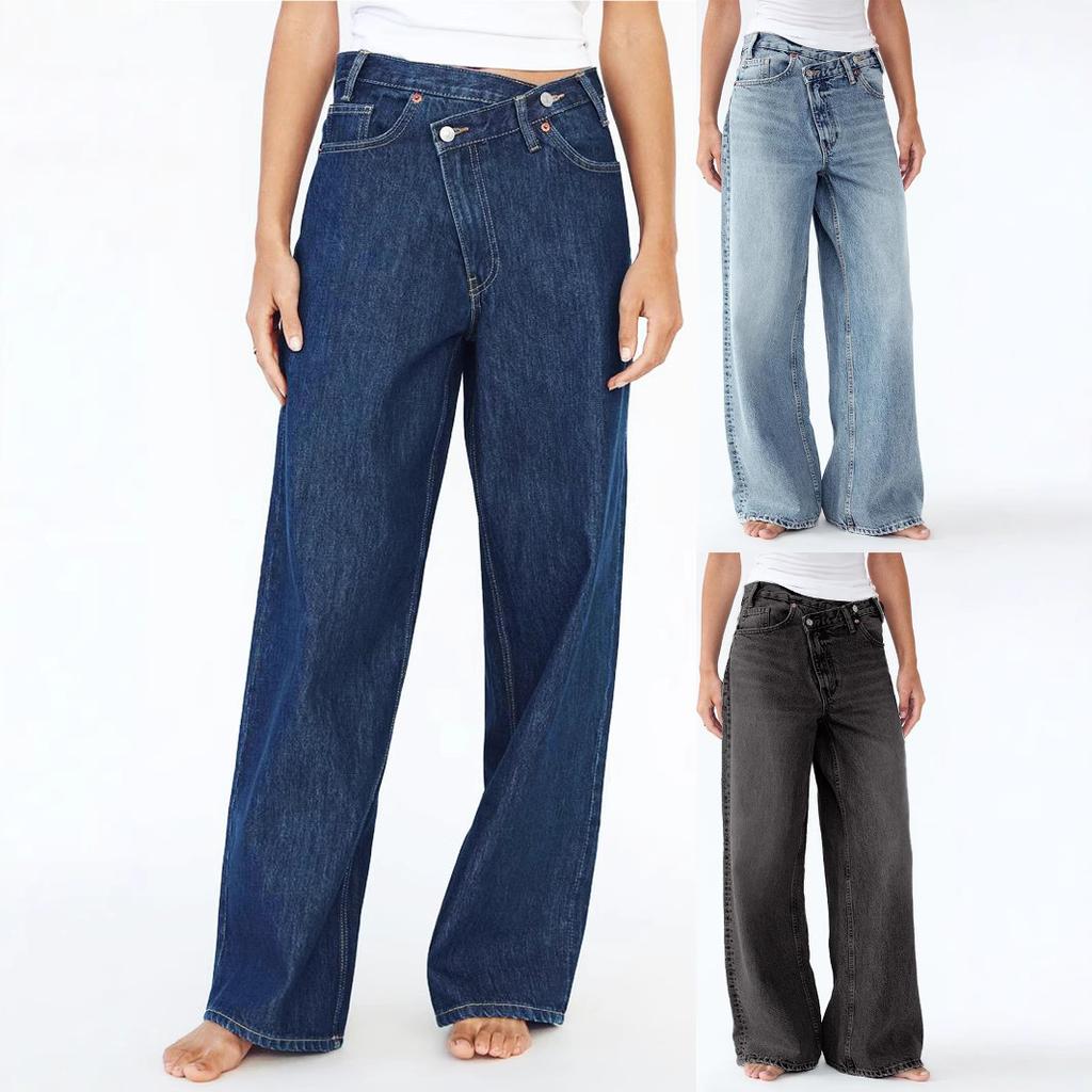New Women's Vintage Straight Leg Jeans, Diagonal Button Detail High Waist Casual Denim Pants for Daily Wear
