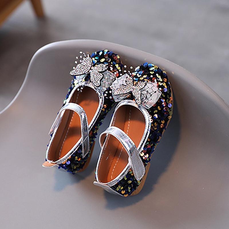 Princess Girls Sequins Bling Leather Shoes Lightweight Butterfly Rhinestone Boutique Party Dance Flats Toddler Baby Dress Shoes
