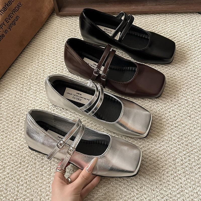 Silver Single Shoes Women's New Spring and Summer Flat-bottomed Temperament Fairy Square Head Light Mouth Mary Jane Shoes