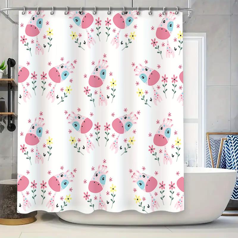 

Cute Giraffe Shower Curtain Kids Bathroom Decor Waterproof Bath Mat Flower Cartoon Print Home Decoration Water Repellent Shower W60H190(CM)-1 Pcs