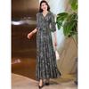 Women's Abstract Leaf Print Maxi V-neck 3/4 Sleeve Belted Waist Elegant Party Dress
