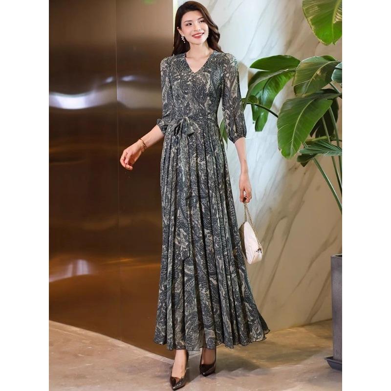 Women's Abstract Leaf Print Maxi V-neck 3/4 Sleeve Belted Waist Elegant Party Dress