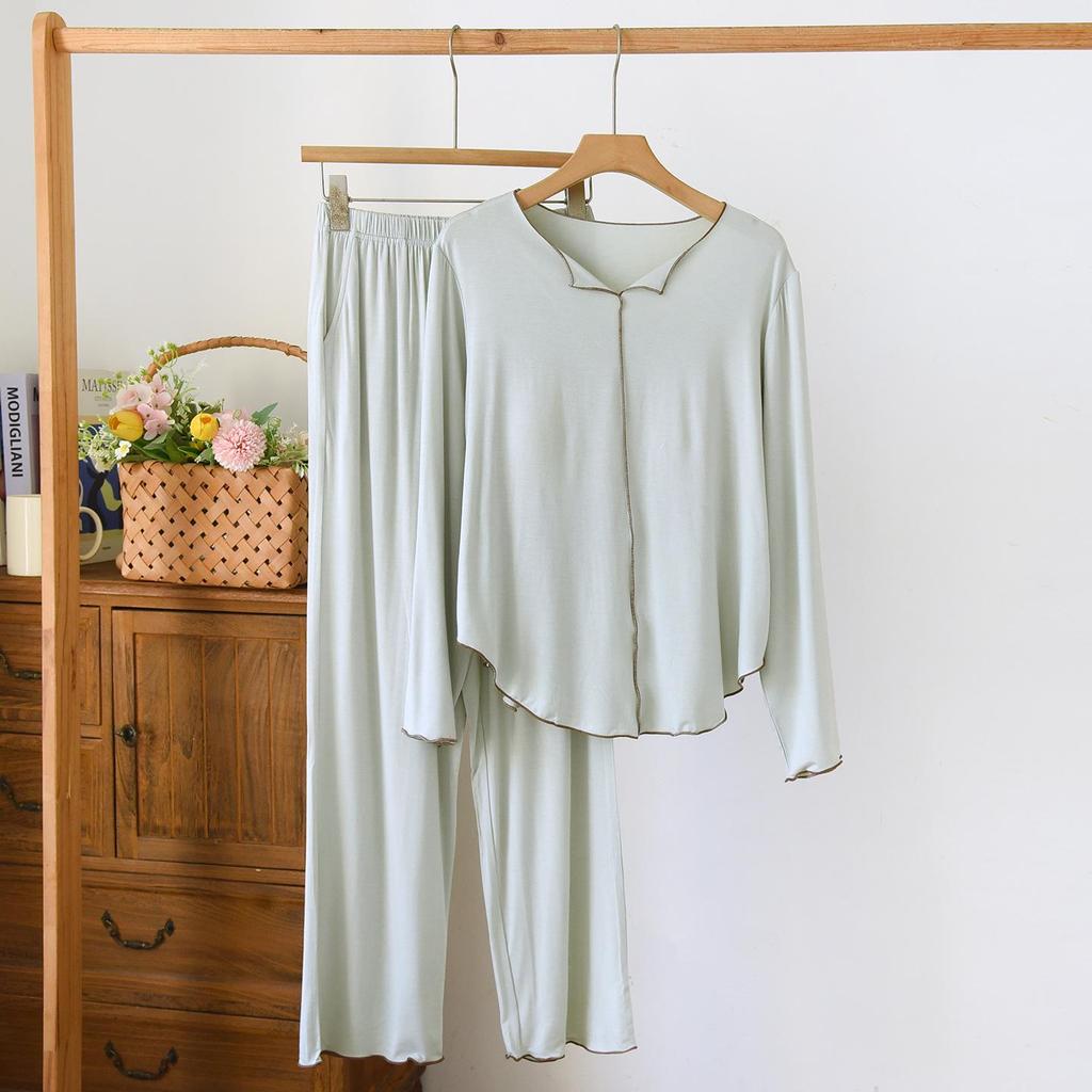 Women's Spring/Autumn Modal Pajama Set: Padded Cup, Long Sleeve, Long Pants, Side Pocket, Loose Fit - Wear Indoors or Out.