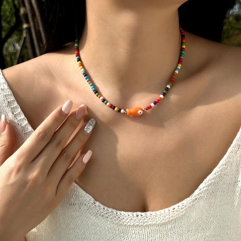 Bohemian Style Cute Ceramic Fish Pendant Rice Bead Necklace For Women Colorful Seaside Vacation Jewelry Accessories