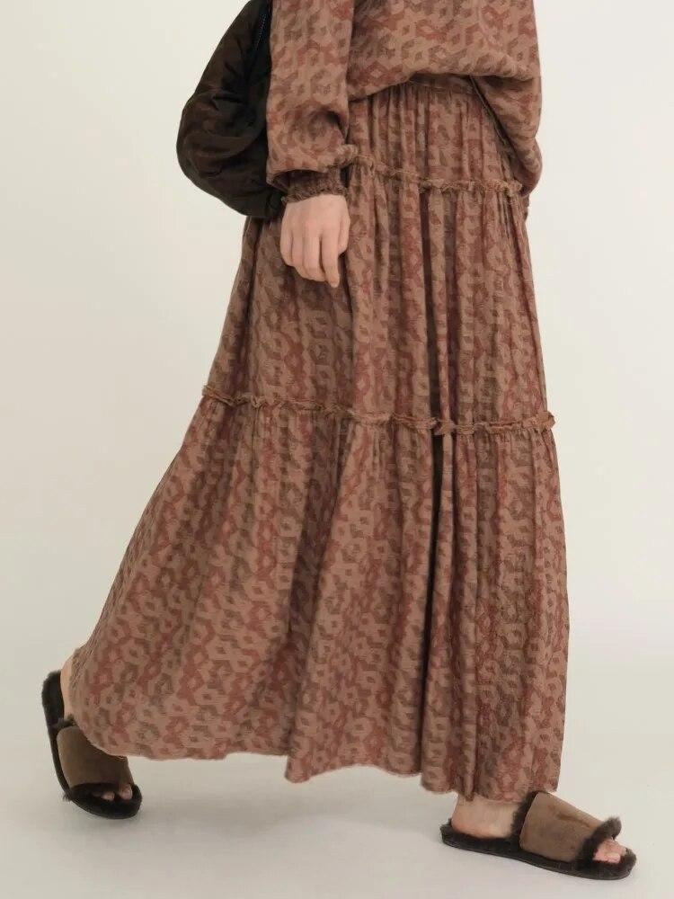 Johnature Frauen Drucken Floral A-linie Röcke Elastische Taille Baumwolle Weiche Kleidung Herbst Patchwork Vintage Frauen Röcke