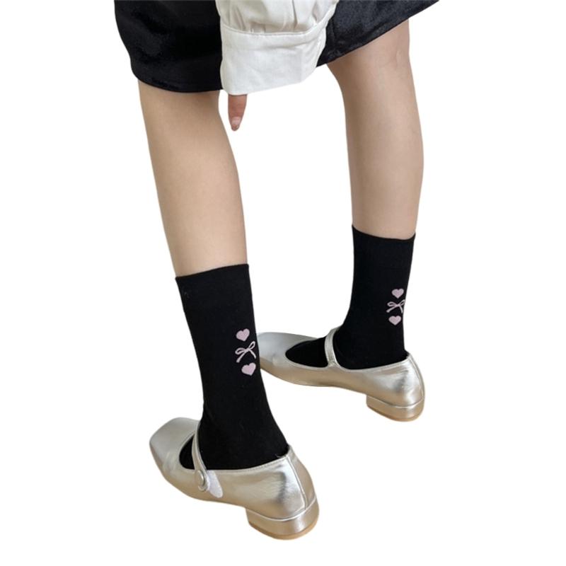 

Japanese Style Solid Color Middle Tube Calf Socks for Women JK Girl Cute Heart Bowknot Printed Back Heel Cotton Socks чорний