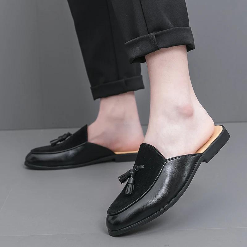 Men Summer Leather Mule Slides Breathable Open-Back Loafers for Casual Wear Anti-Slip Comfortable Slip-On Shoe with Toe Coverage