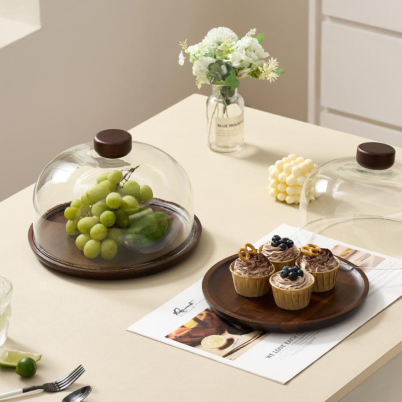 Wooden Plate Transparent Cover Cake Plate Tray Dessert Cake Dust-proof Tray Desktop Storage Container Party Accessories