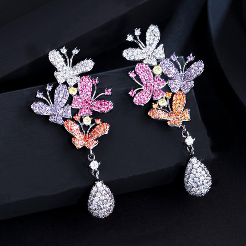 Elegant Temperament French Court Style Heavy Industry Colored Zircon Butterfly Earrings, Personalized Insect Retro Earrings