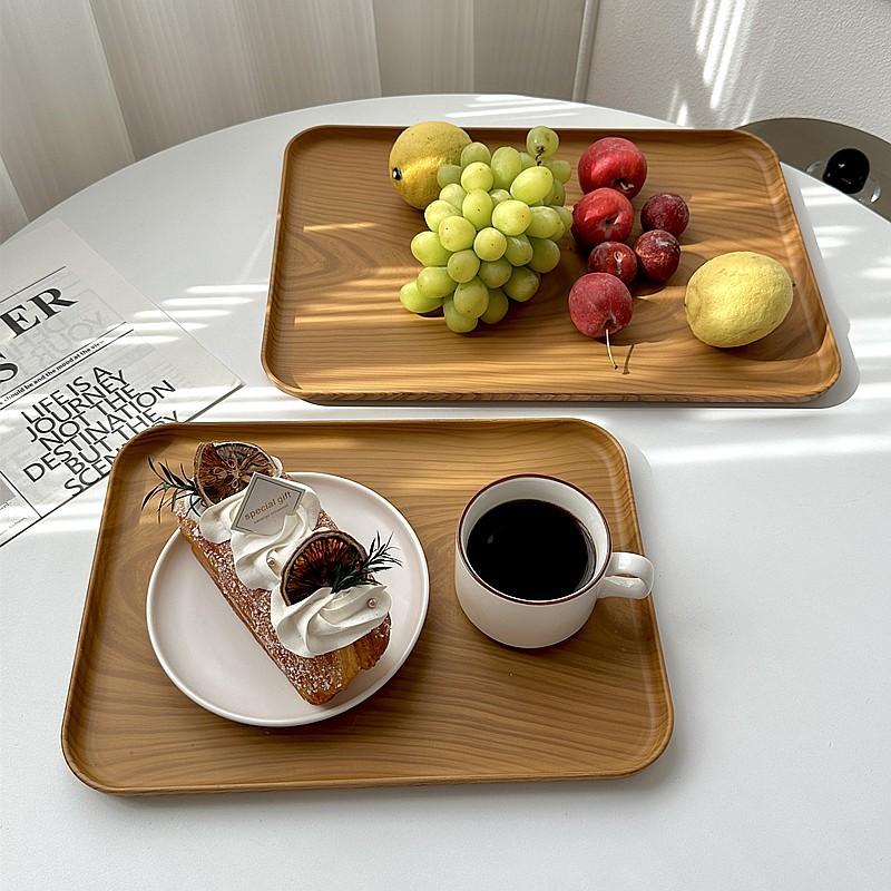 Plastic Serving Tray Home Tea Fruit Dessert Tray Wooden Pattern Plastic Food Cooking Storage Tableware Plate Tray Kitchenware