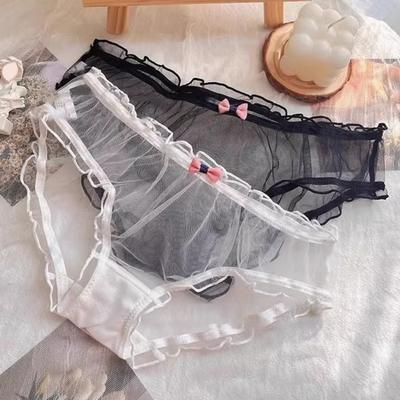 Damen Rüschenbesatz Cut-Out Netz-Slips Sexy Niedrige Taille Durchsichtige Unterwäsche mit Schleife Ultra Dünn Weich Durchsichtige Slips