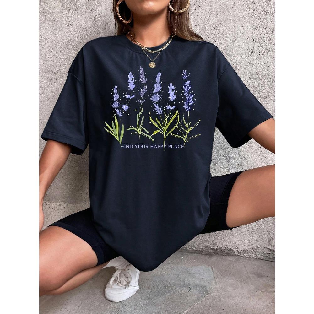 Schönes Lavendeldruck Damen T-Shirt Sommer Freizeit T-Shirts Straße Kurzarm Atmungsaktiv Bequem