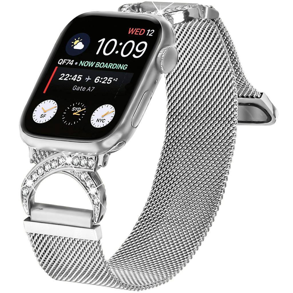 Uhrenarmband für Apple Watch Series 10 Ultra 9 8 7 SE 6 5 4 3 2 1 46 mm 49 mm 45 mm 44 mm 42 mm Milanese Silber Metallband Strass-Dekor