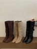 2025 New Suede Inner Western Cowboy Boots Stacked Long Boots Retro Flat Bottom But Knee Women's High Boots