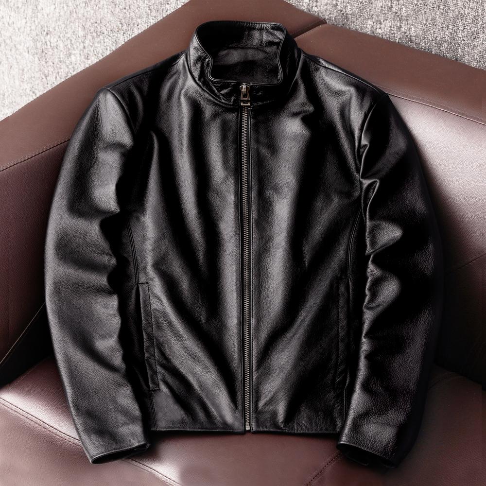 Genuine Leather Jacket Men Short Slim Fit Stand Collar Real Cowhide Biker Coat Casual Outerwear