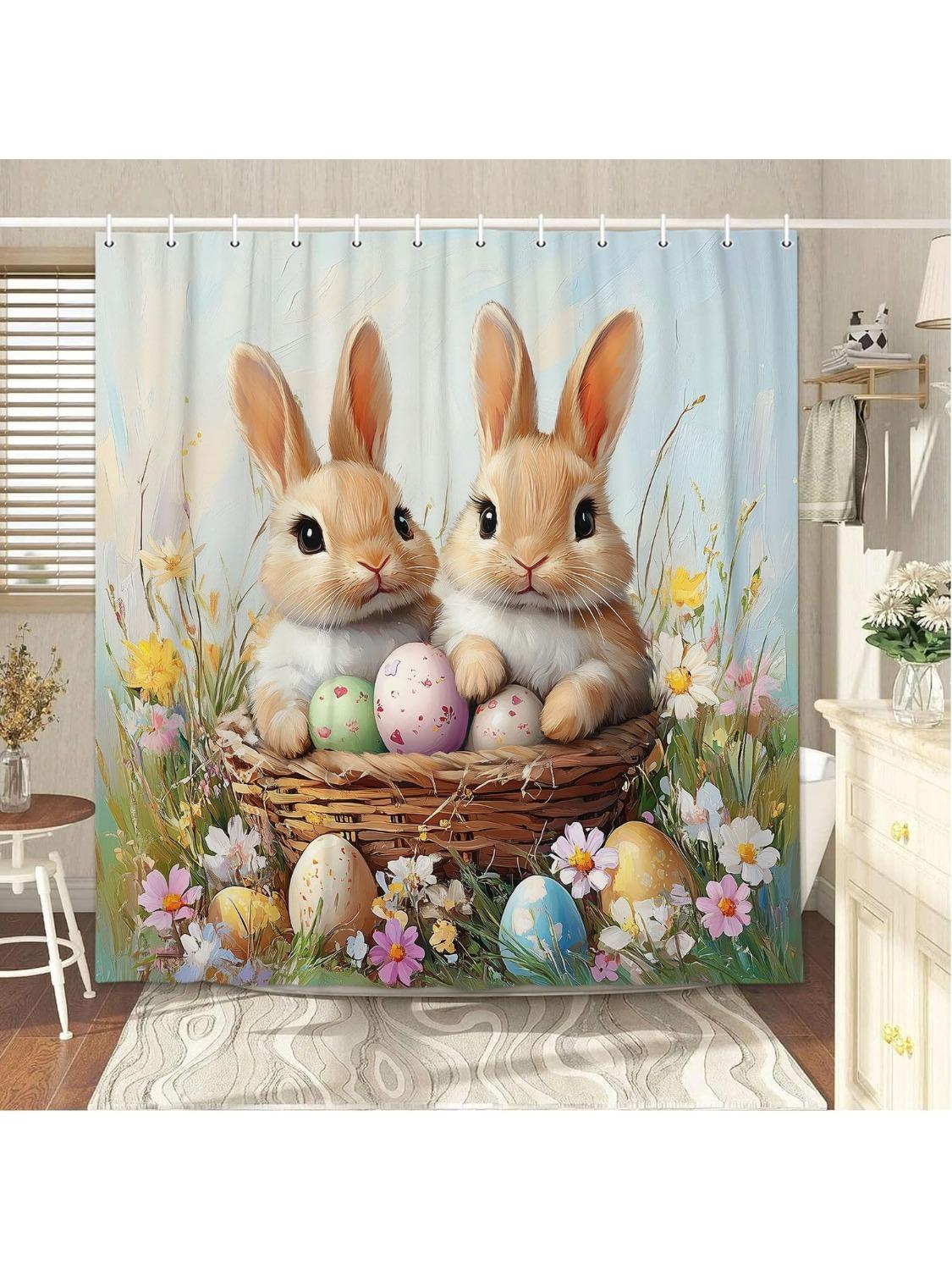 Шторка для душа на Пасху Счастливой Пасхи Милый Кролик Набор для декора ванной комнаты с Цветочными узорами, Тканевый Набор для декора ванной комнаты с 90x180CM