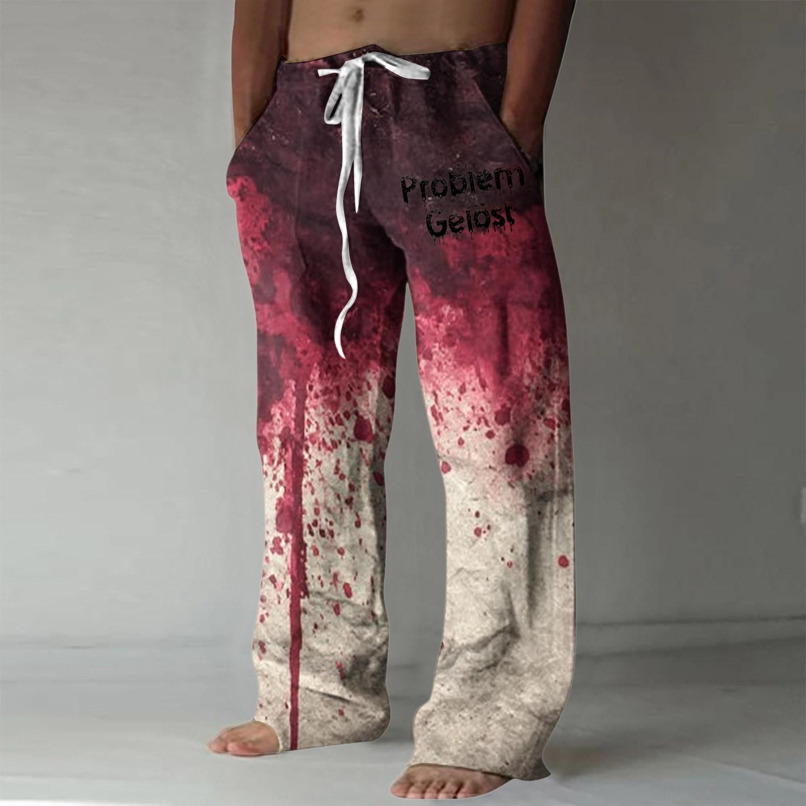 

Мужские повседневные свободные и удобные повседневные брюки, хлопковые льняные брюки с принтом на шнуровке XL винный