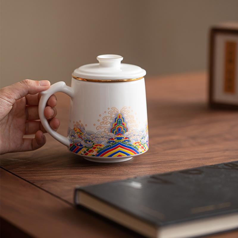 Suet Jade Ceramic Teacup Personal Office Mug with Lid Dehua White Porcelain Water Cup Household Cup