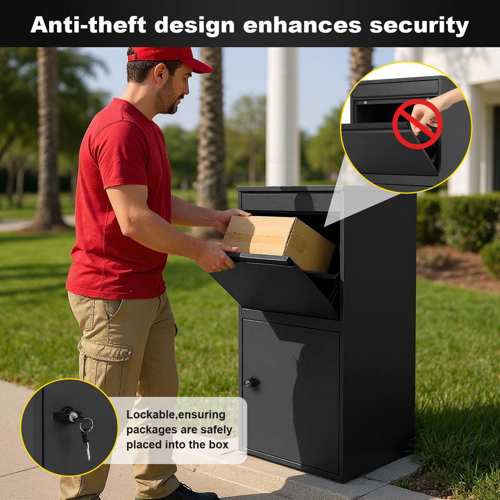 Black Metal Anti Theft Parcel Holder Large Capacity Lockable Design Waterproof Weatherproof Storage for Home Outdoor Delivery