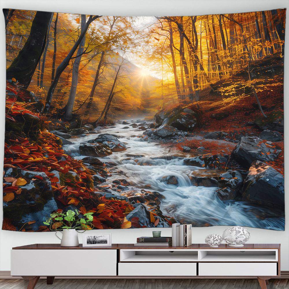 Autumn Forest Scenery Tapestry Wall Hanging Decor Red Leaves Maple River Fall Nature Landscape Tapestry Indoor Home Decorations