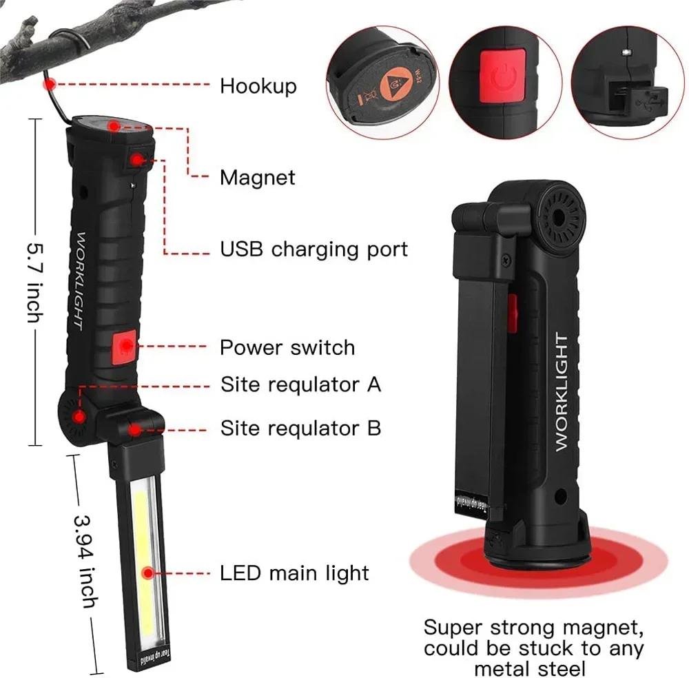 COB LED Folding Flashlight Portable Magnetic Work Light Lantern USB Rechargeable Waterproof Emergency Repair Camping Torch Lamp