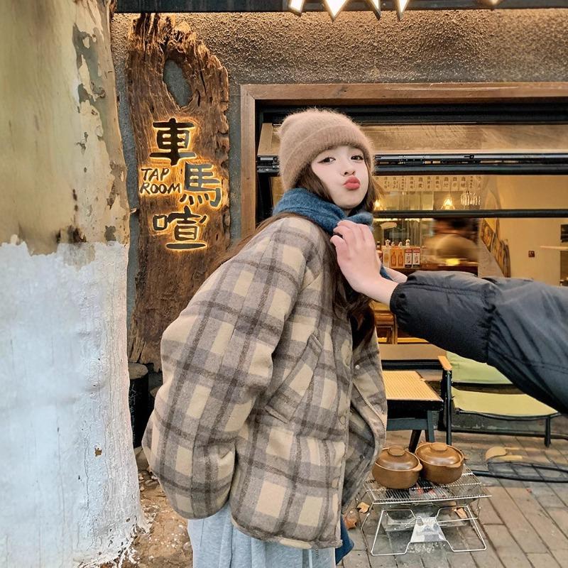 Classic plaid casual loose brown plaid stand-up jacket autumn street style long-sleeved women's clothing