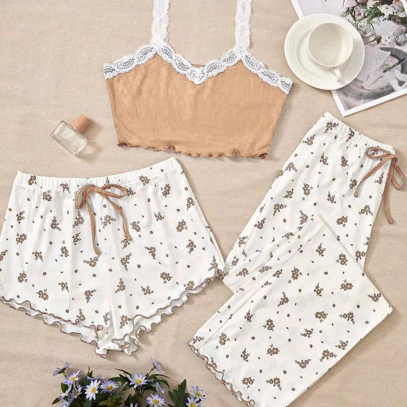 Conjunto de Tres Piezas Conjuntos de Pijama para Mujer Chaleco Estampado Pantalones Cortos y Pantalones Pijamas Tejido Acanalado Suave Informal para el Hogar Conjunto de Ropa de Dormir
