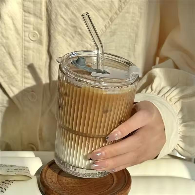 1PCS 400ml Stripe Glass Cup Transparent Glasses With Lid and Straw Ice Coffee Mug Tea Cup Juice Glass Milk Water Cup Drinkware